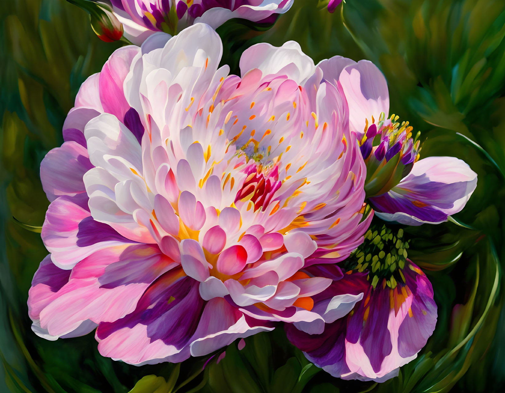 Colorful Peony Flower Painting with Pink and White Petals