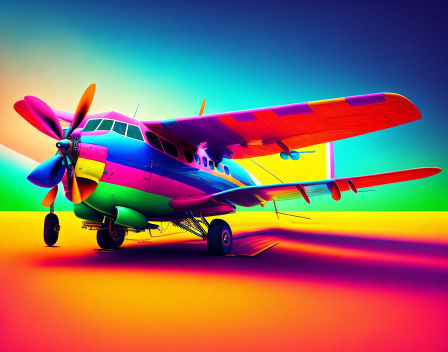 Colorful Biplane on Rainbow Background: Vibrant Multicolored Design