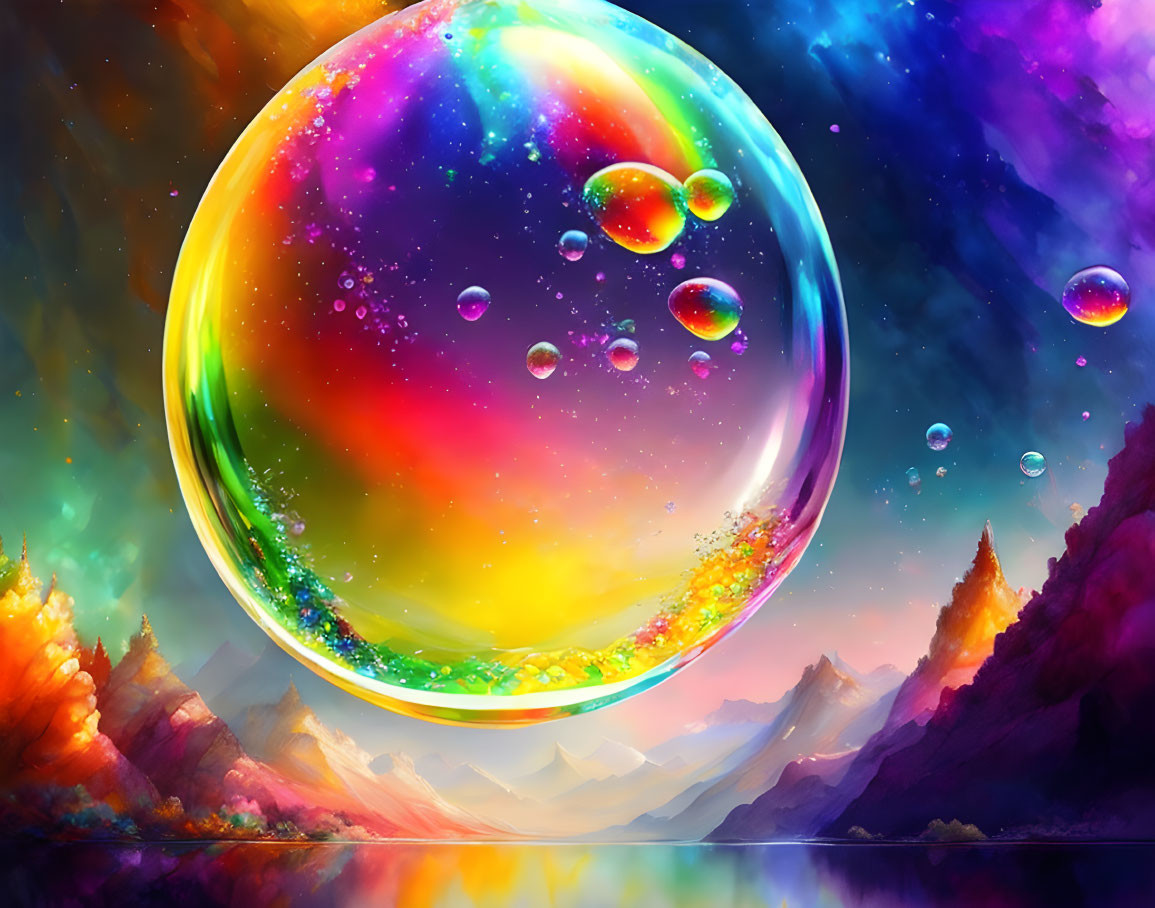 Colorful Bubble Floating Above Fantasy Landscape with Mountains