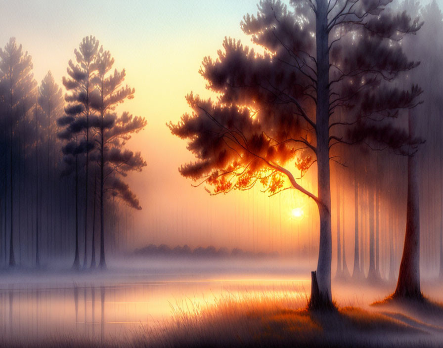 Serene forest sunrise with tall pine trees and tranquil lake