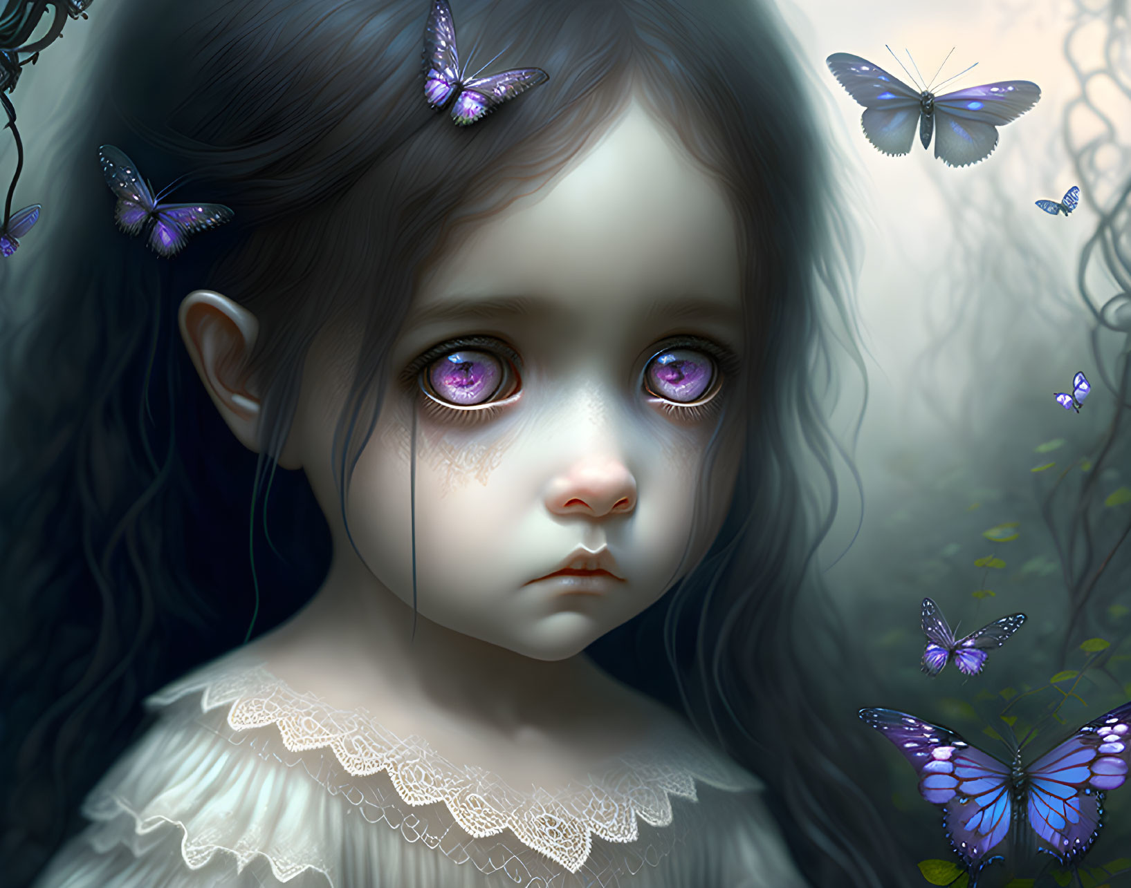 Digital painting: Young girl with purple teary eyes, blue butterflies, mystical forest