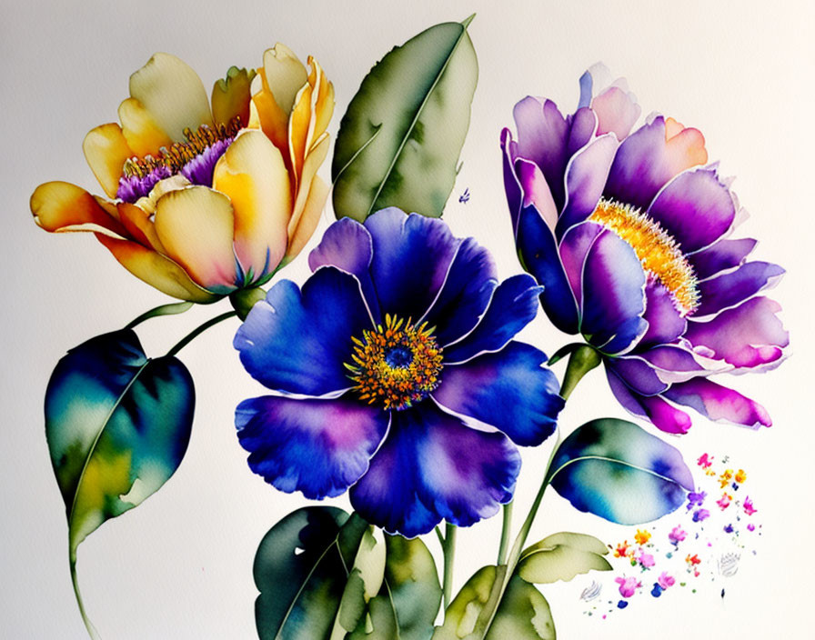 Colorful Watercolor Painting of Three Large Flowers in Blue, Yellow, and Purple