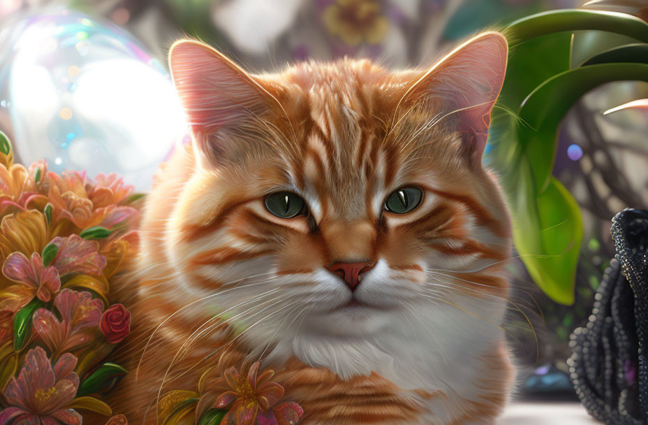 Orange Tabby Cat Among Colorful Flowers with Green Eyes in Serene Setting