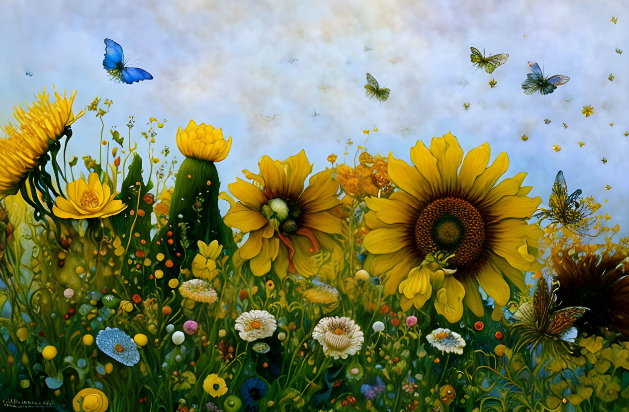 Colorful flower-filled meadow with sunflowers, daisies, and butterflies