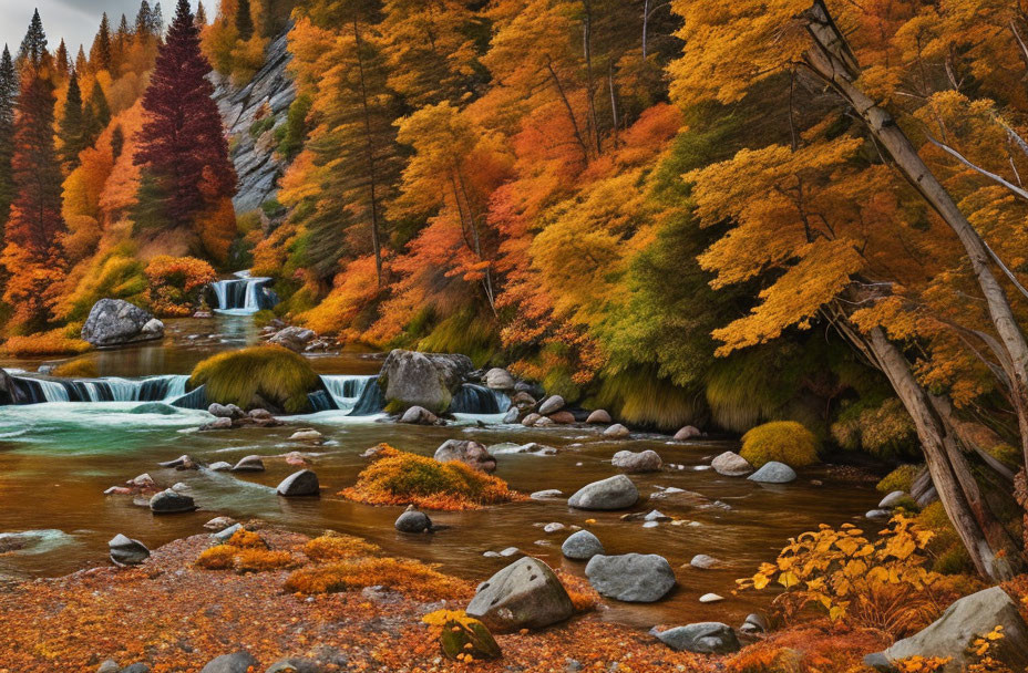 Vibrant autumn forest with cascading river and colorful foliage