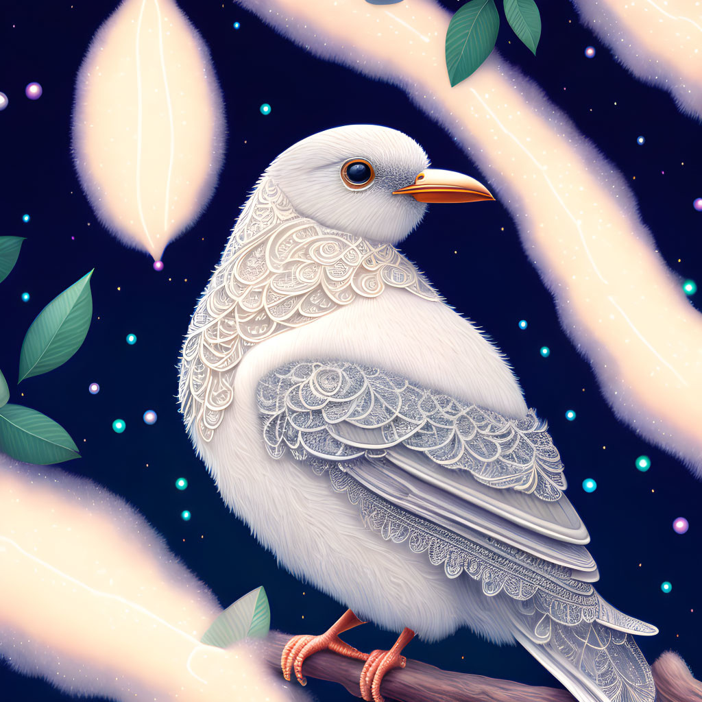 Detailed white dove illustration on branch under starry night sky