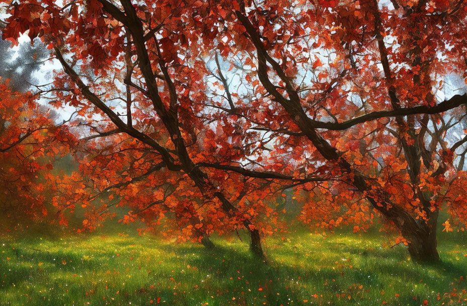 Colorful Autumn Scene: Red and Orange Leaves Over Green Field