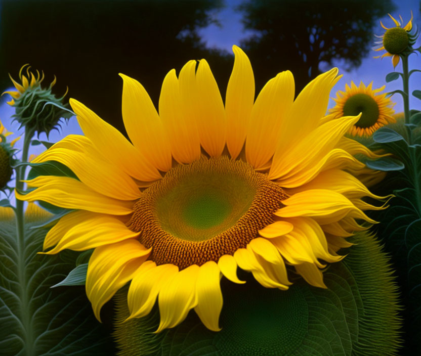 Bright Yellow Sunflower Against Green Leaves and Dusk Sky