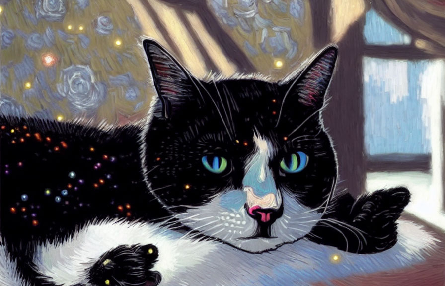 Black and white cat with blue eyes in Van Gogh-inspired painting