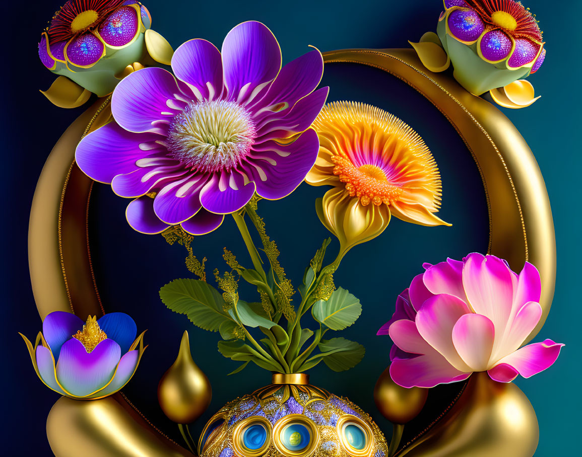 Colorful digital artwork: Stylized flowers in purple, blue, and orange with golden accents on