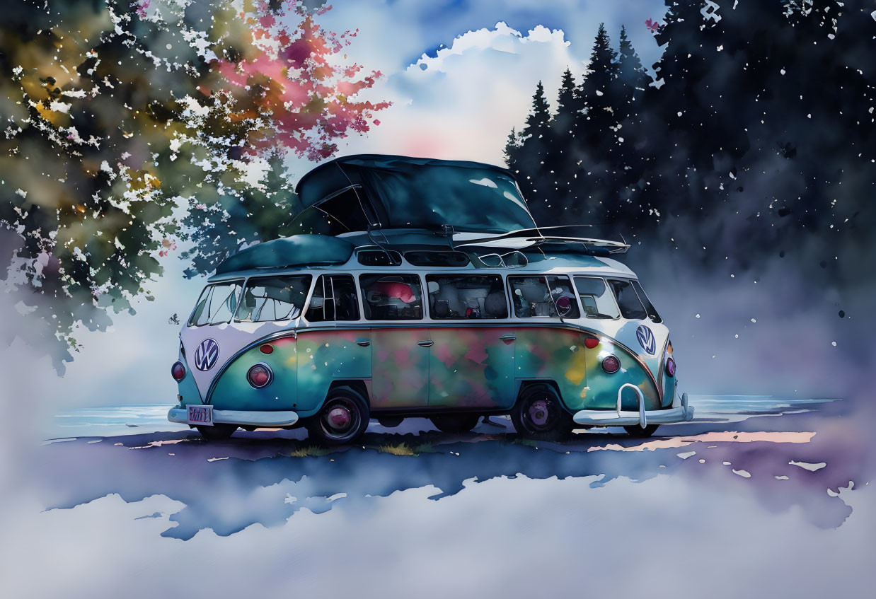 Vintage Van in Snowy Forest with Autumn Trees