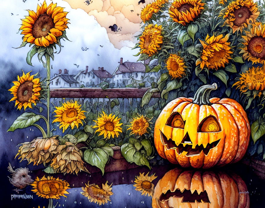 Colorful Pumpkin and Sunflowers Painting with Countryside Background