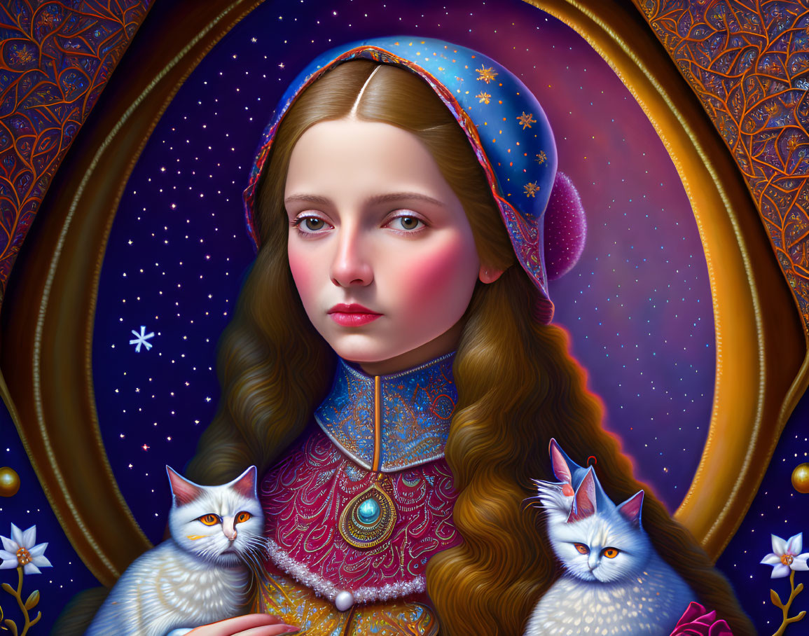 Medieval-themed painting featuring a young woman and two white cats in an ornate oval frame