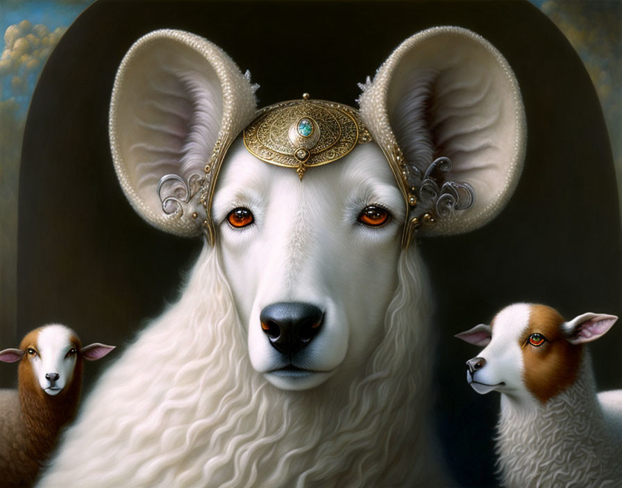 Surreal painting: Regal sheep with jewelry, flanked by smaller sheep