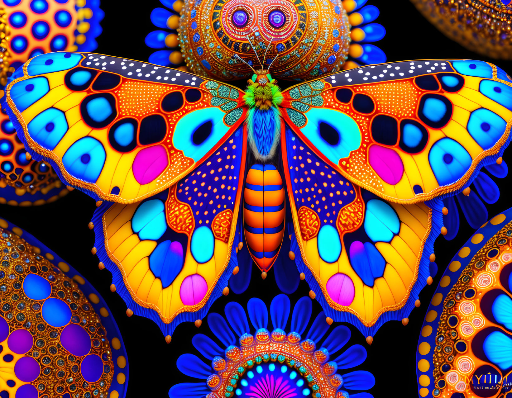 Colorful 3D digital art: Butterfly with intricate wings in vibrant fractal setting