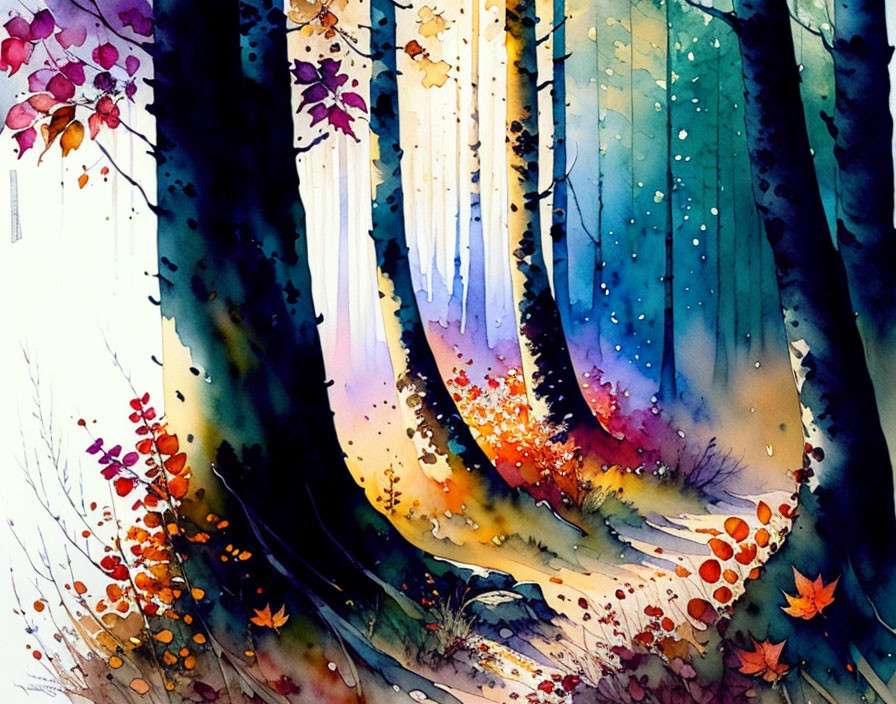 Colorful Watercolor Painting of Whimsical Forest Scenery