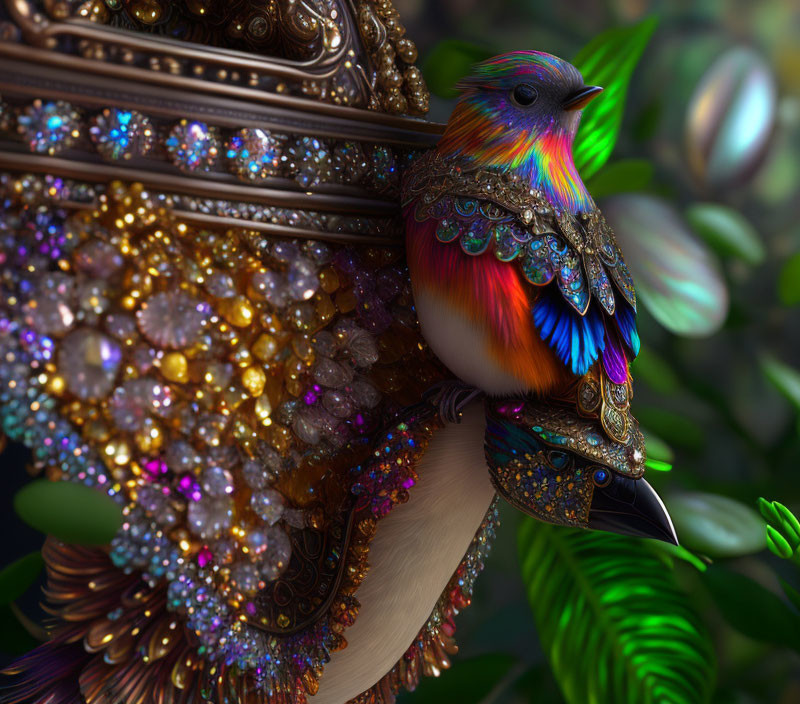 Colorful digitally-rendered bird with jeweled feathers and ornate decorations.