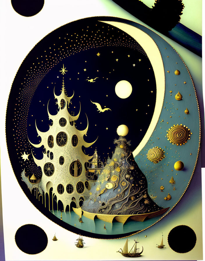 Circular artwork featuring night sky, stars, planets, ocean, sailing ships.