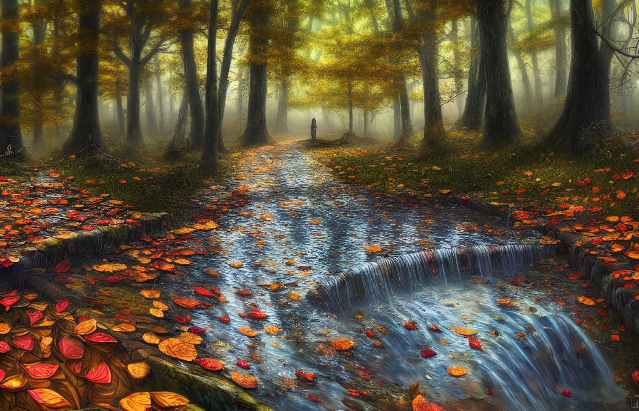 Tranquil autumn forest scene with fallen leaves and cascading stream