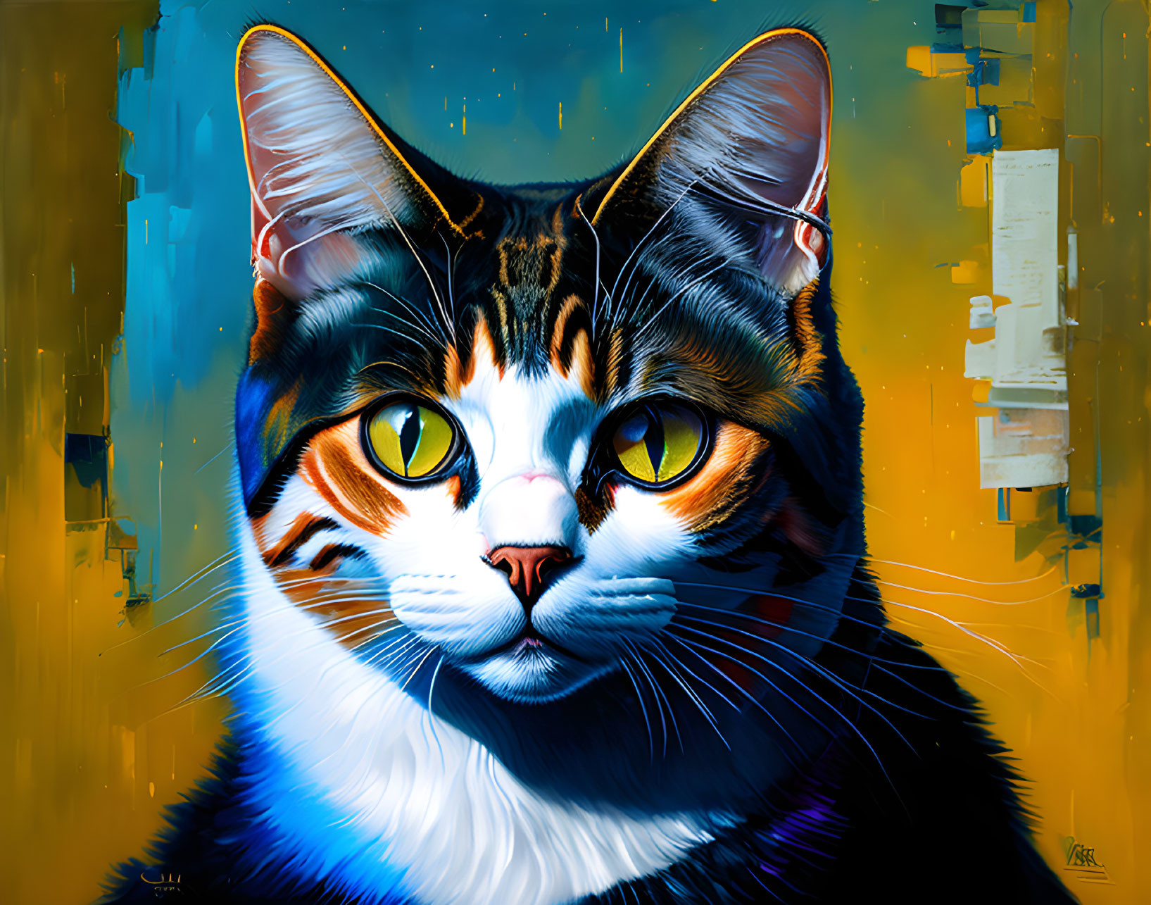 Colorful digital cat art with yellow eyes on abstract backdrop