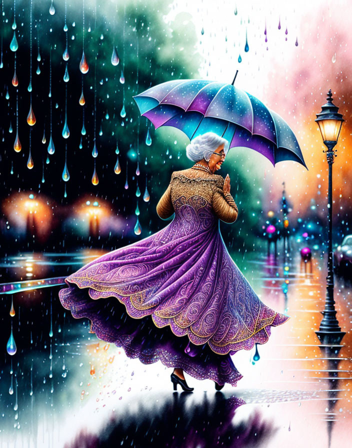 Elderly woman dancing with multicolored umbrella in rain-soaked street