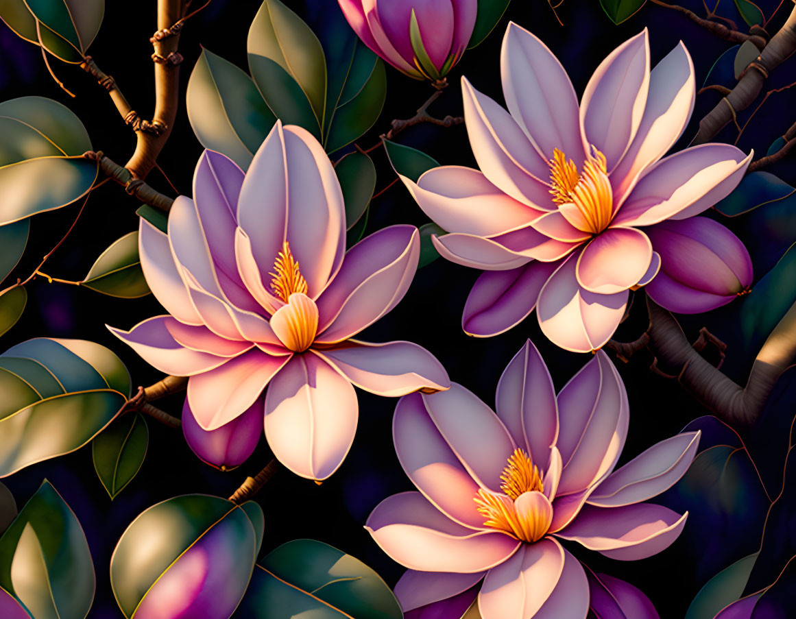 Vibrant magnolia flowers in soft pink and purple with golden centers on dark green branches