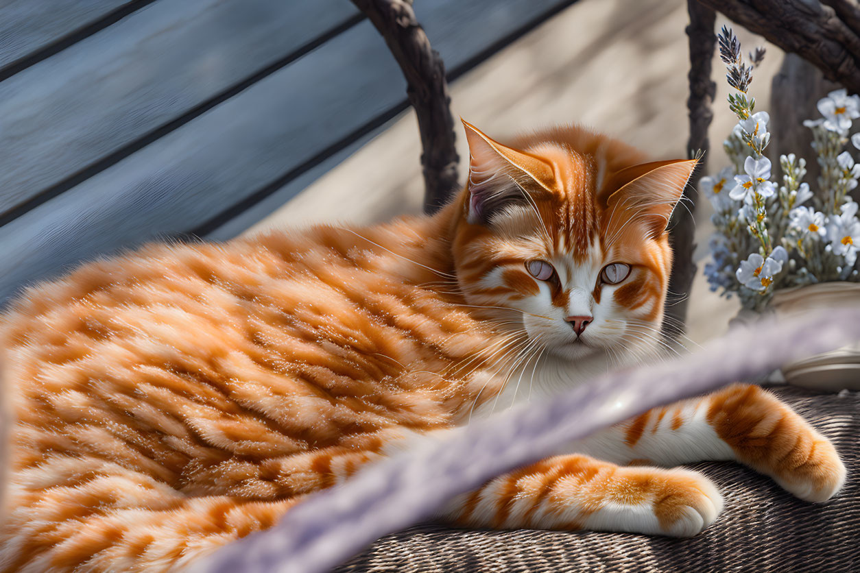 Orange and white cat on wicker chair near white flowers and blurred purple object