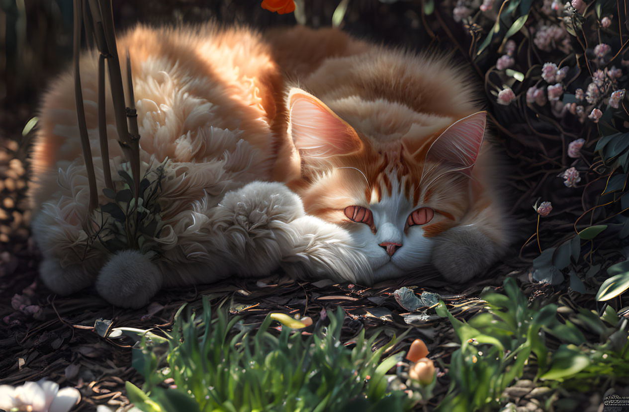 Fluffy orange and white cat relaxing in sunlight among flowers