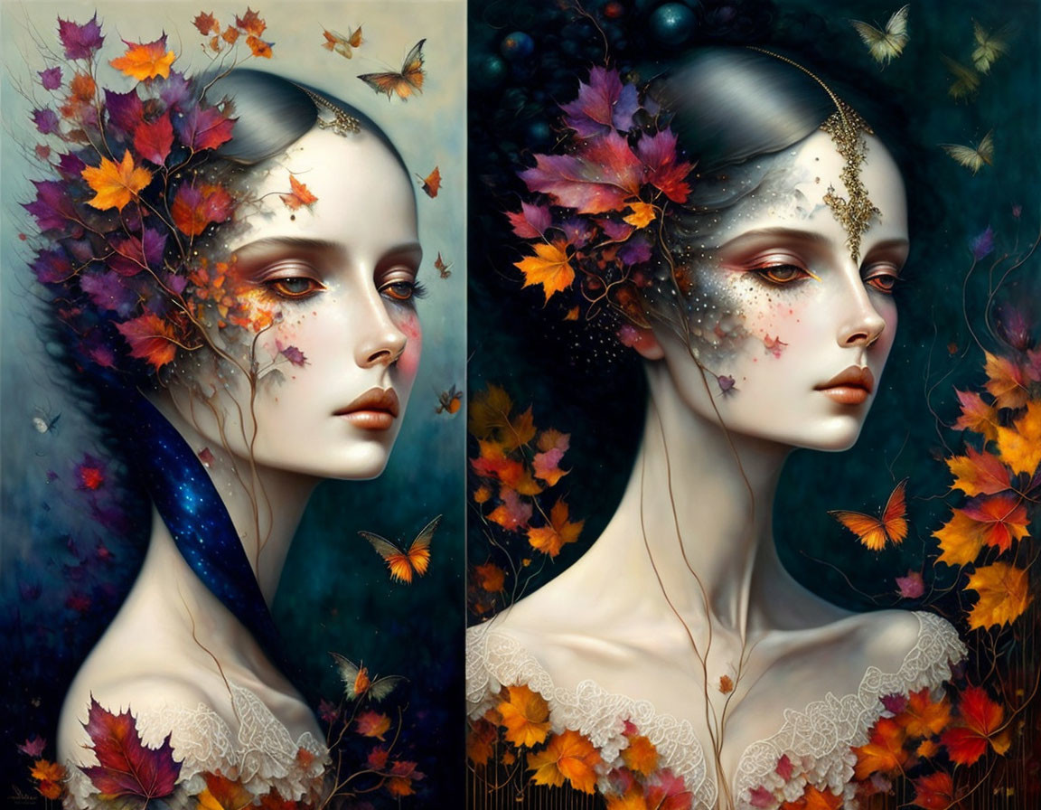 Ethereal women with autumn leaves and butterflies in digital painting