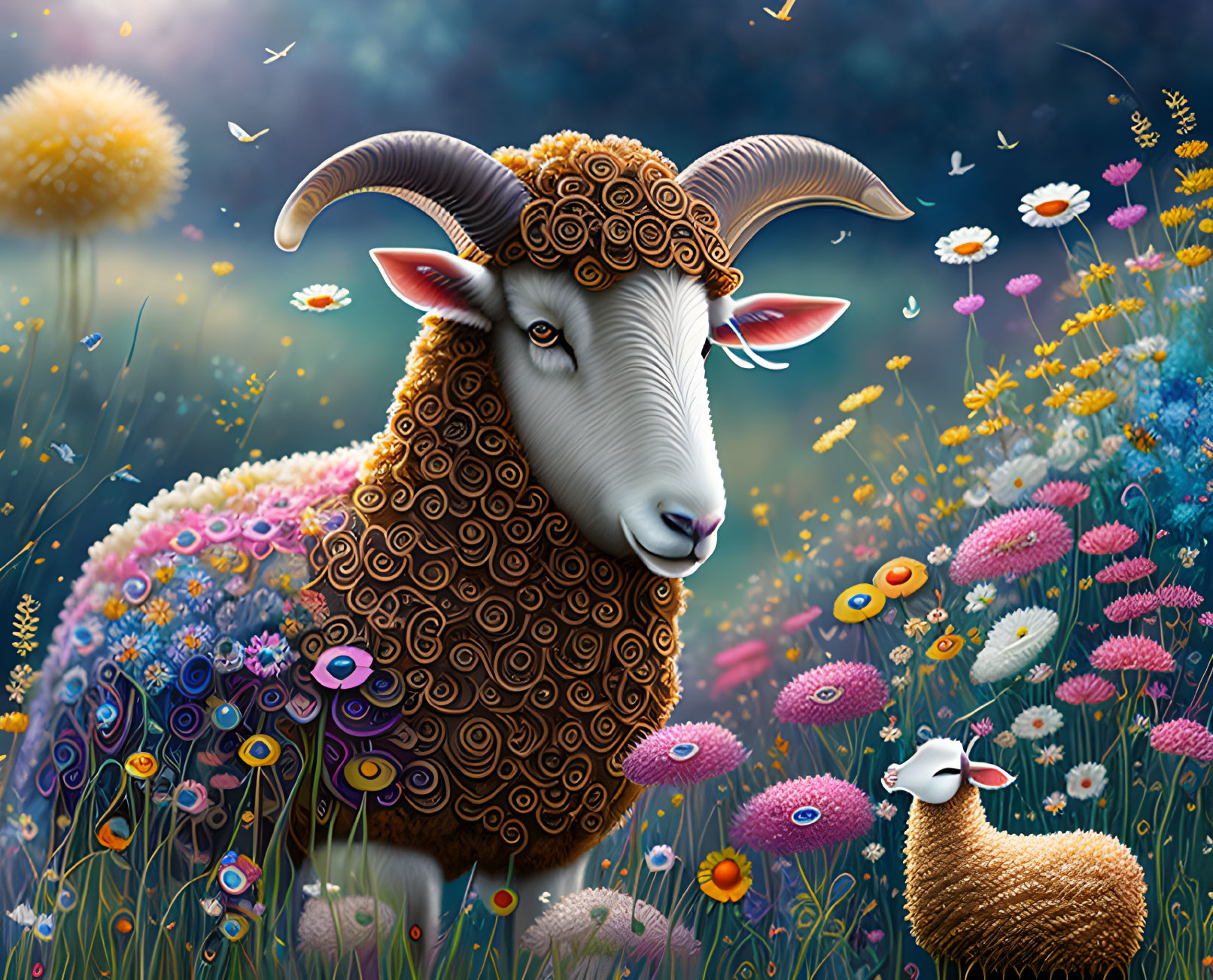 Intricately stylized sheep illustration among vibrant flowers