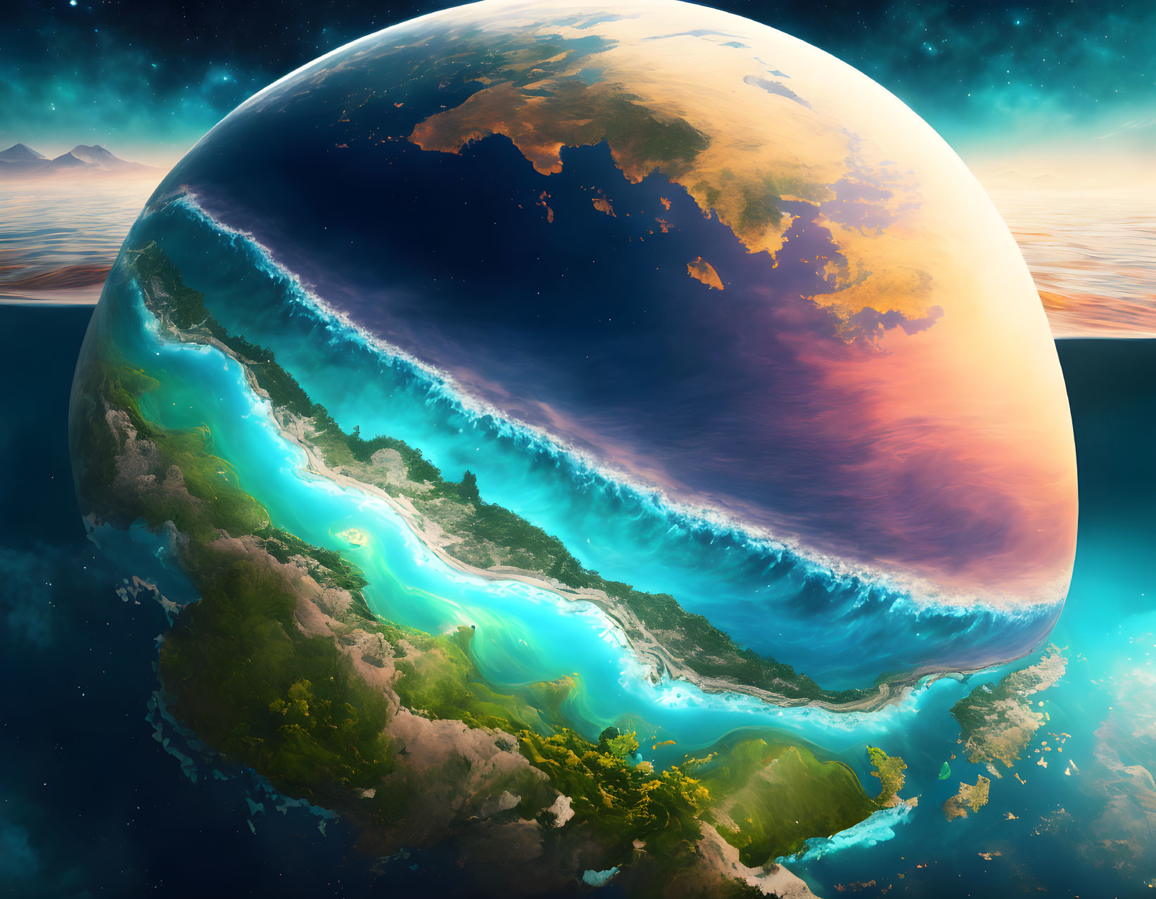 Vivid Blue Oceans and Lush Green Landmasses on Otherworldly Planet