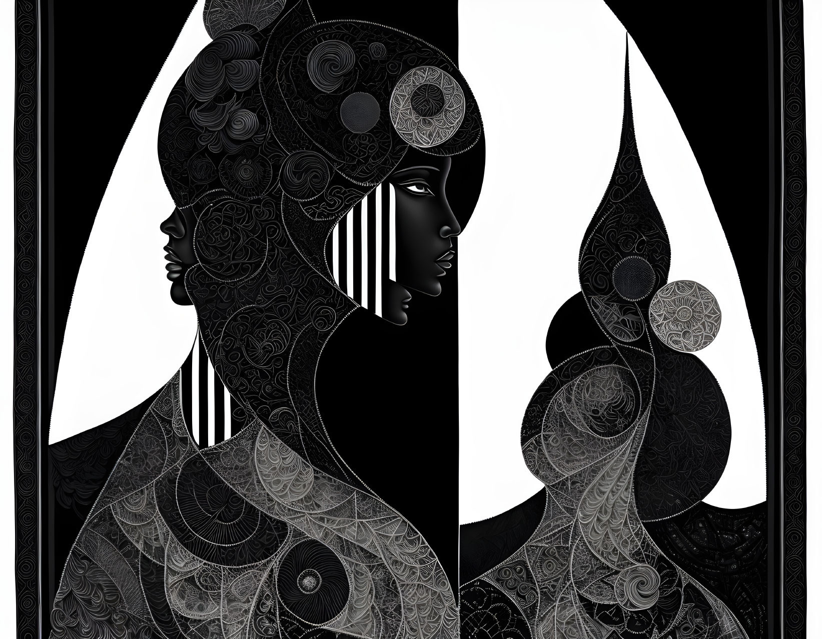 Monochrome artwork of two stylized women profiles with intricate patterns on striped background