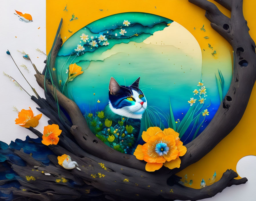 Colorful 3D cat art with floral and butterfly motifs in circular wooden frame