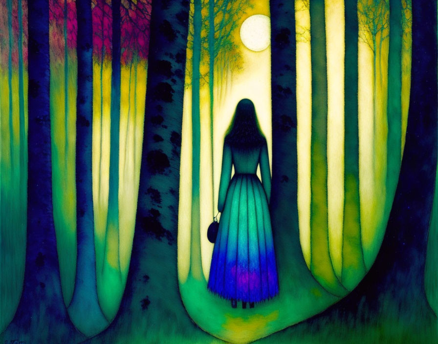 Silhouette of person in vibrant forest under full moon