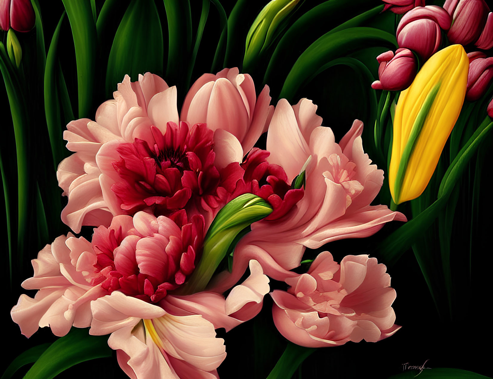 Colorful Bouquet of Red and Pink Flowers on Dark Background