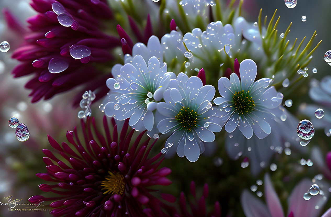 Vibrant Purple and White Flowers with Dewdrops on Petals