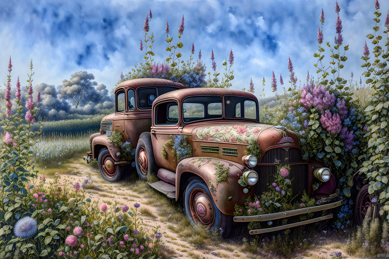 Abandoned vintage cars in blooming field under blue sky