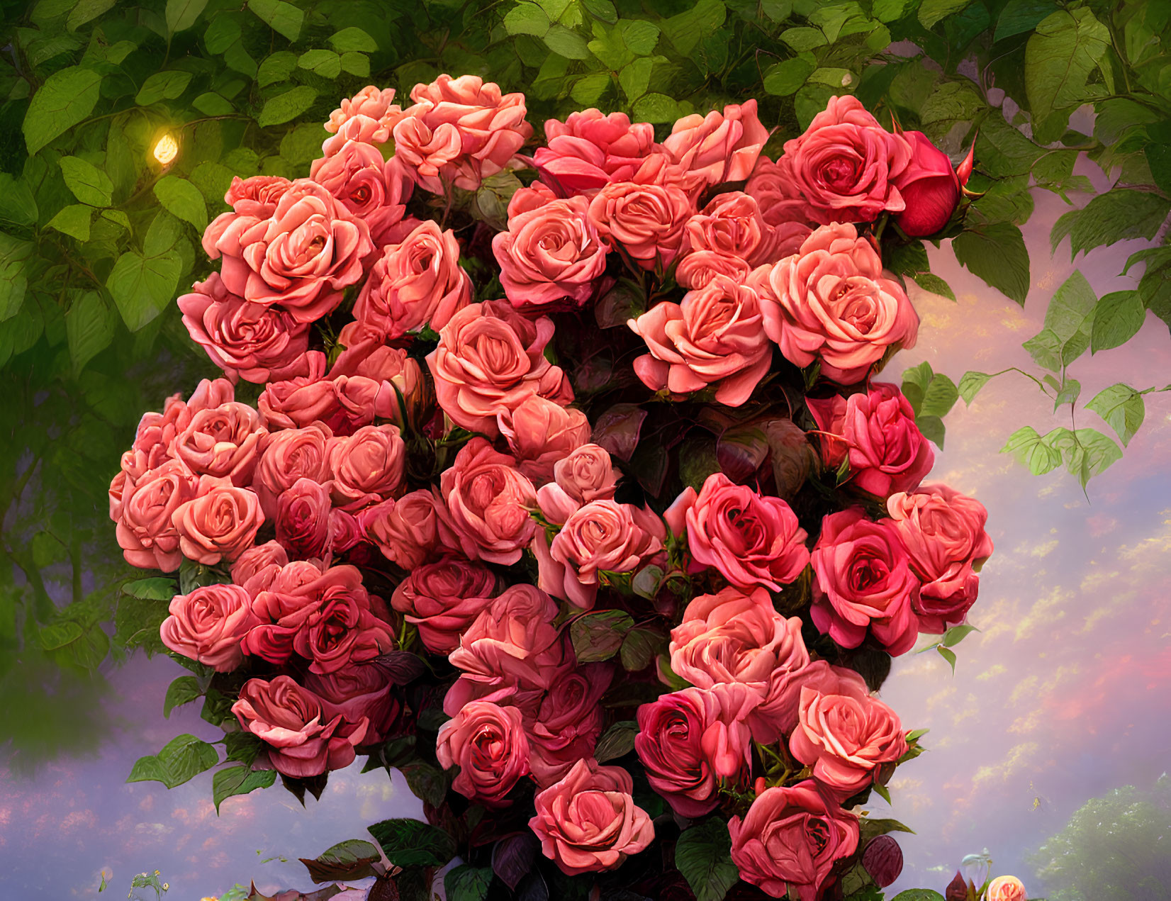 Pink roses bouquet with surreal green foliage and whimsical sky