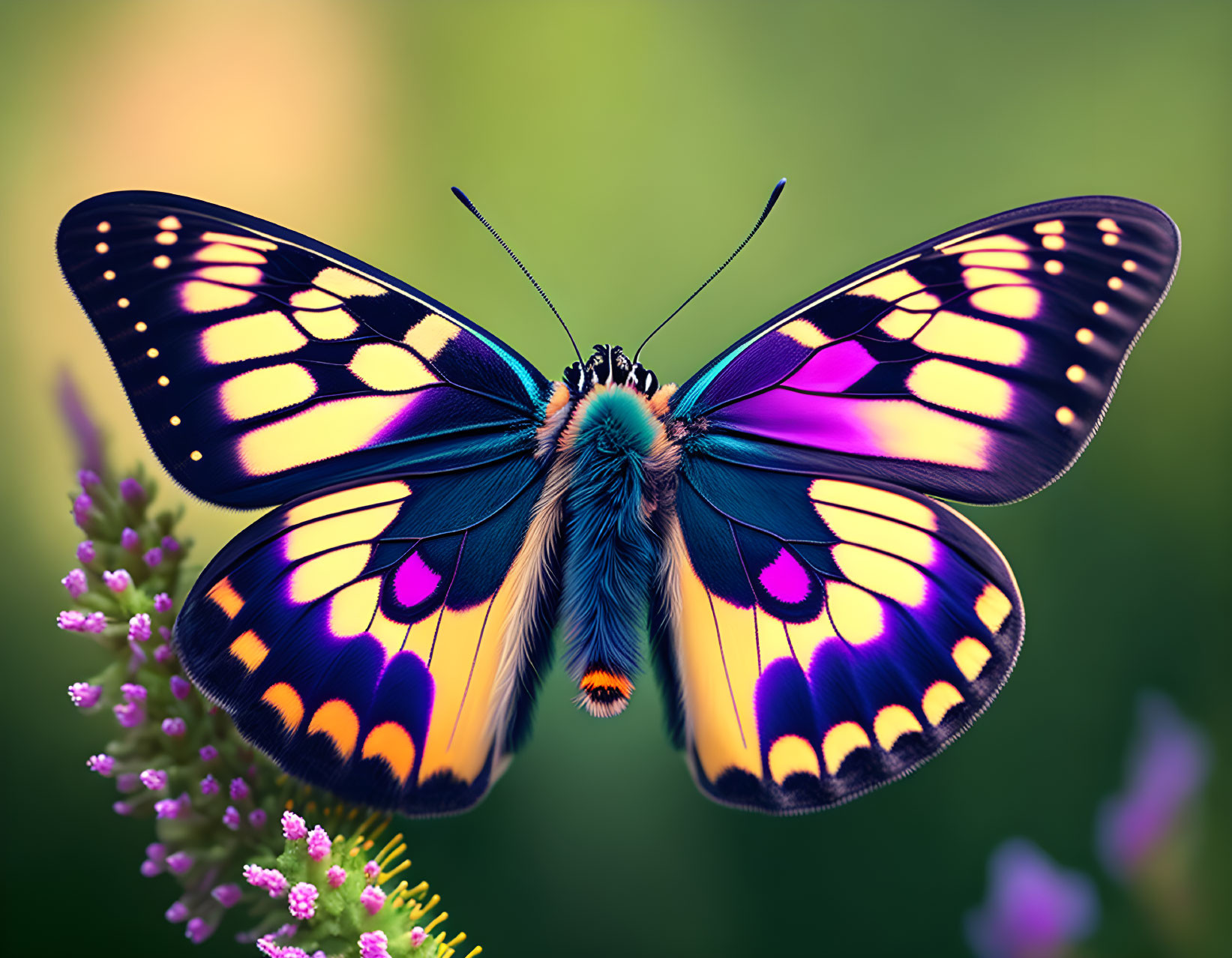 Colorful butterfly with yellow, black, blue, and purple wings on a flower in nature.