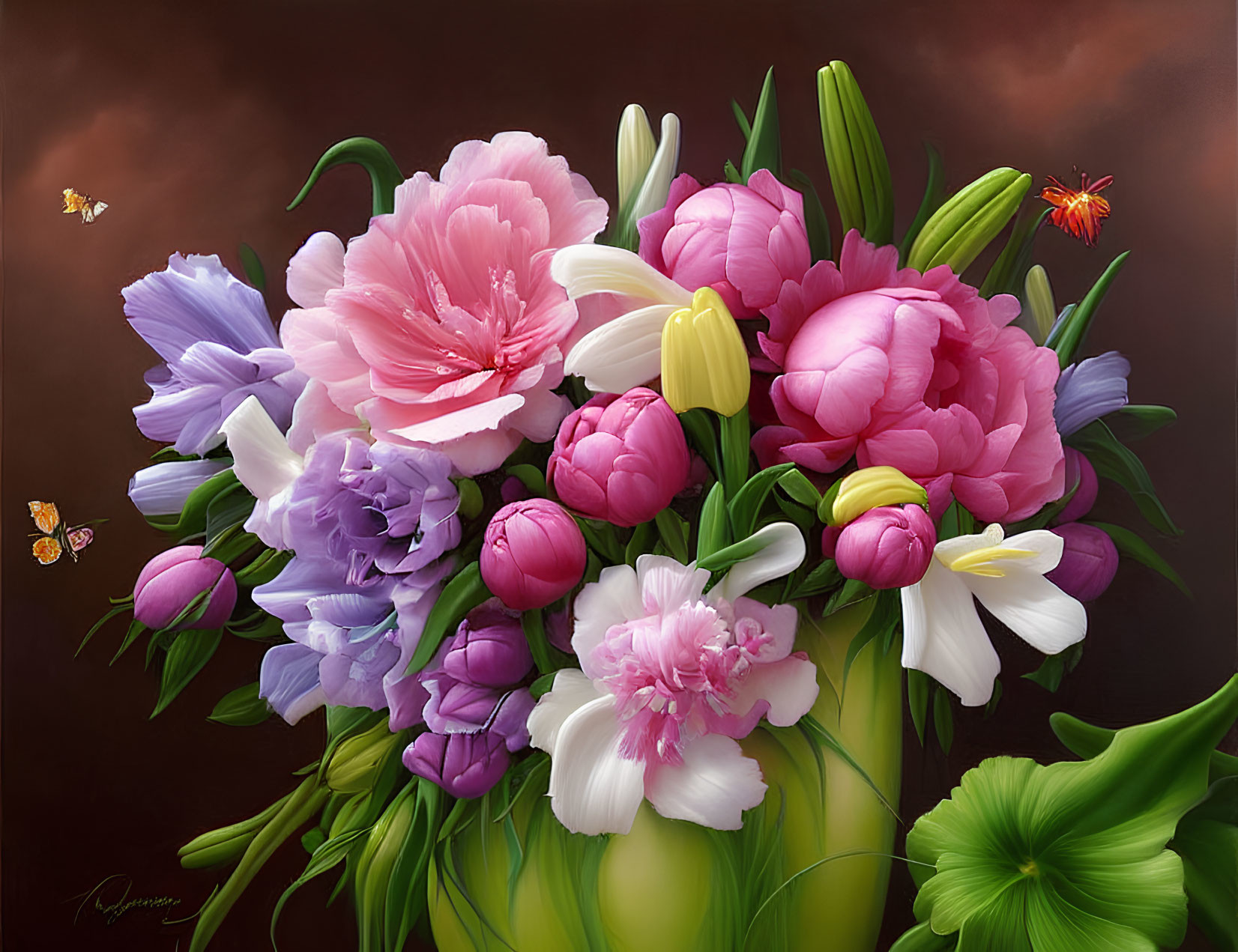 Colorful Peonies and Tulips with Butterfly on Dark Background