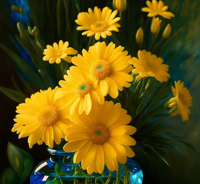 Yellow Daisies Bouquet in Blue Vase on Dark Background