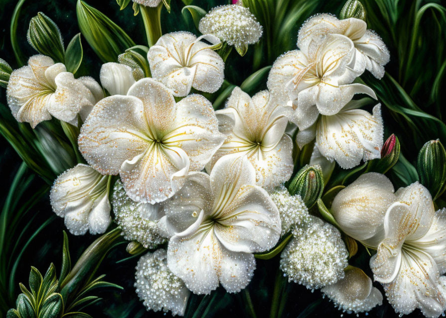 White Flowers with Yellow Centers Covered in Water Droplets Among Green Leaves