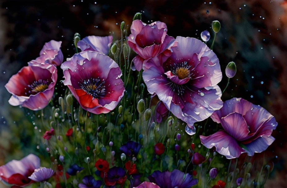 Colorful Purple and Red Poppies with Dewdrops on Dark Background