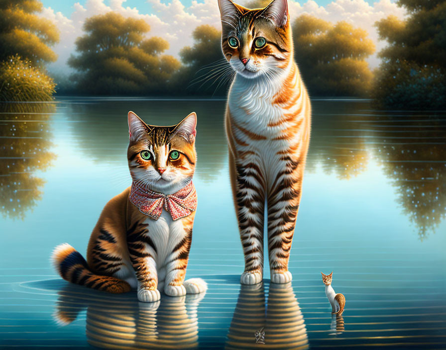 Colorful cats with bow ties on stones in serene water setting