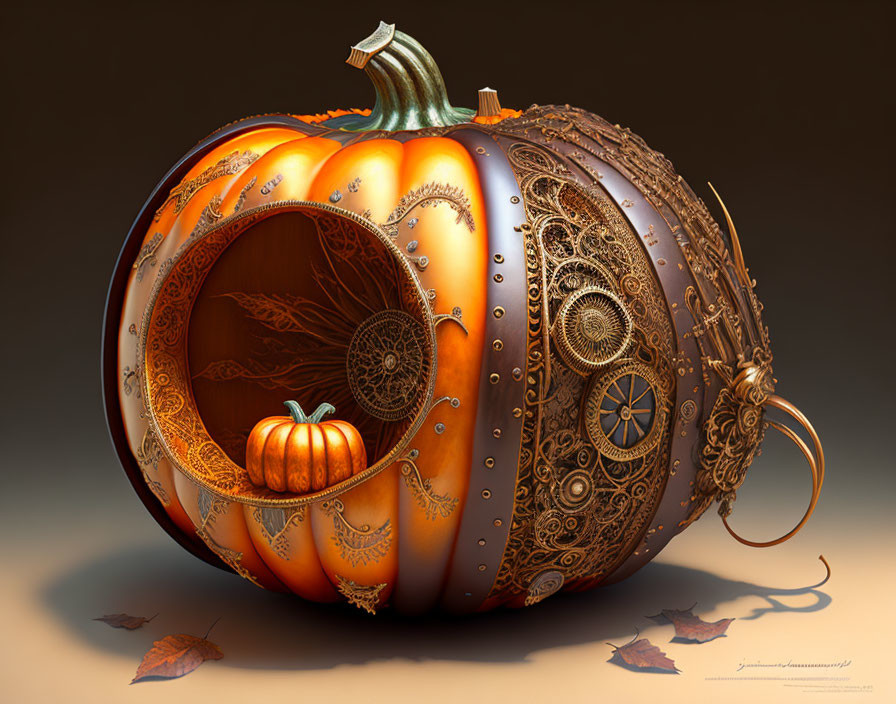 Steampunk-inspired pumpkin with metal gears and smaller pumpkin inside