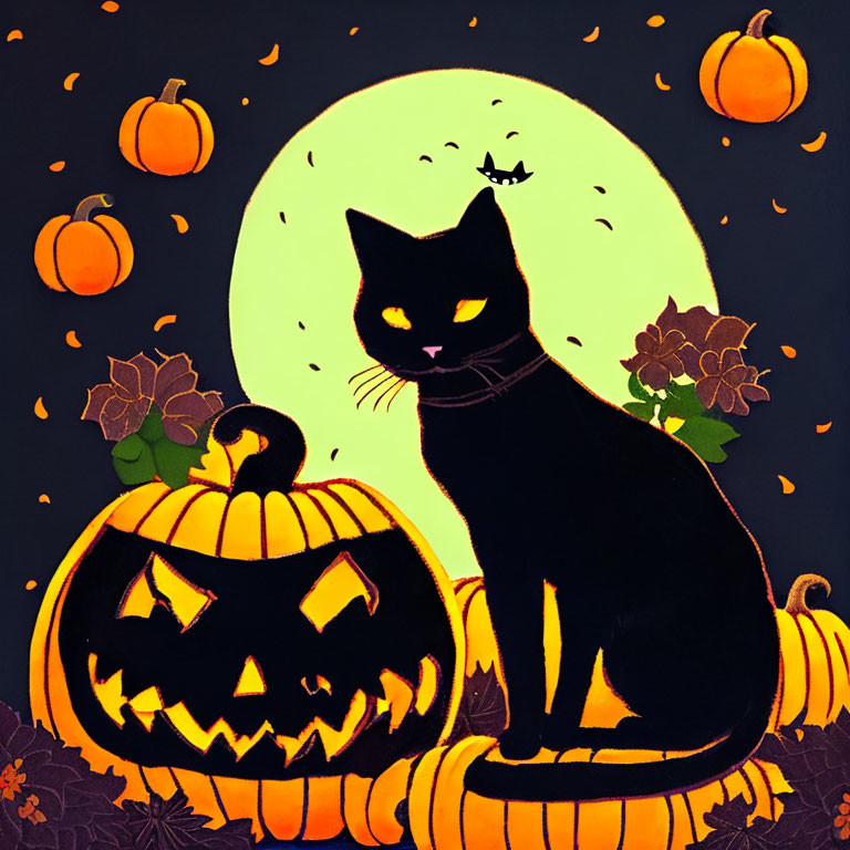 Black Cat on Carved Pumpkin with Full Moon and Autumn Scene