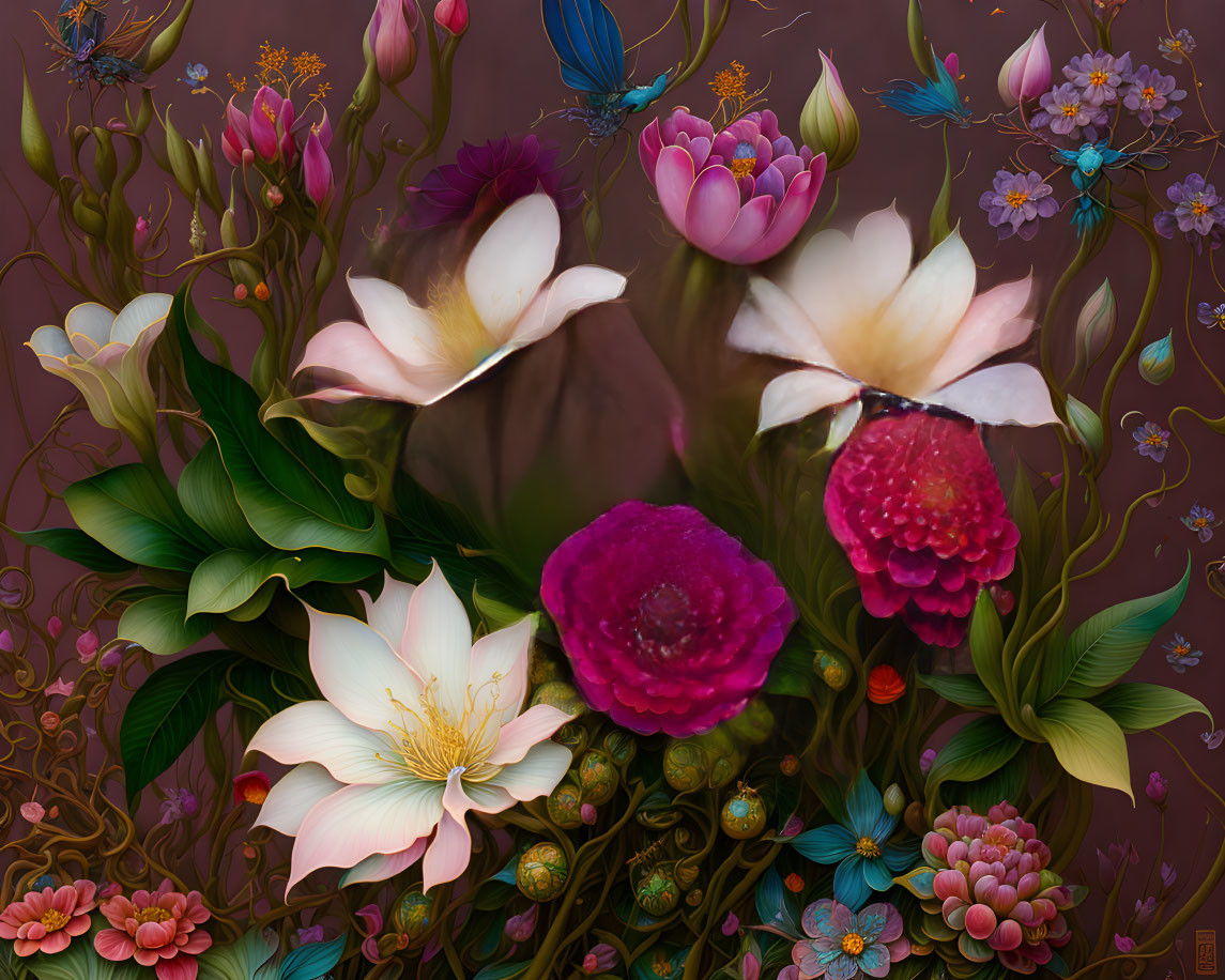 Colorful Digital Painting of Assorted Flowers on Brown Background