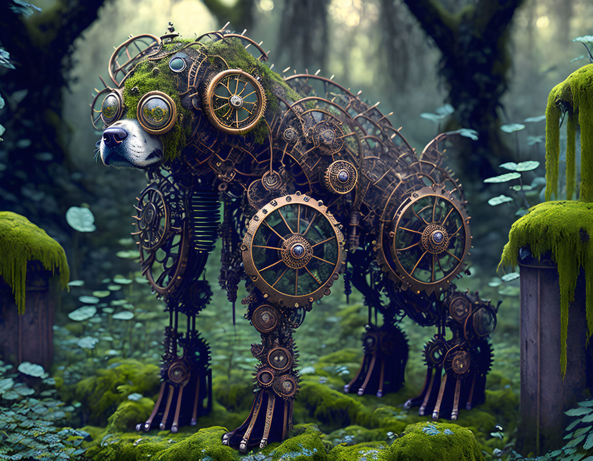 Steampunk mechanical cat in enchanted forest landscape