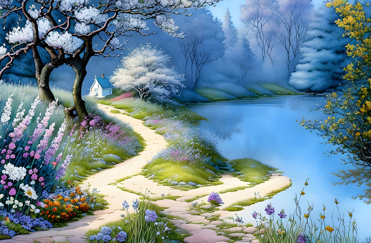 Tranquil landscape with winding path to cottage by lake