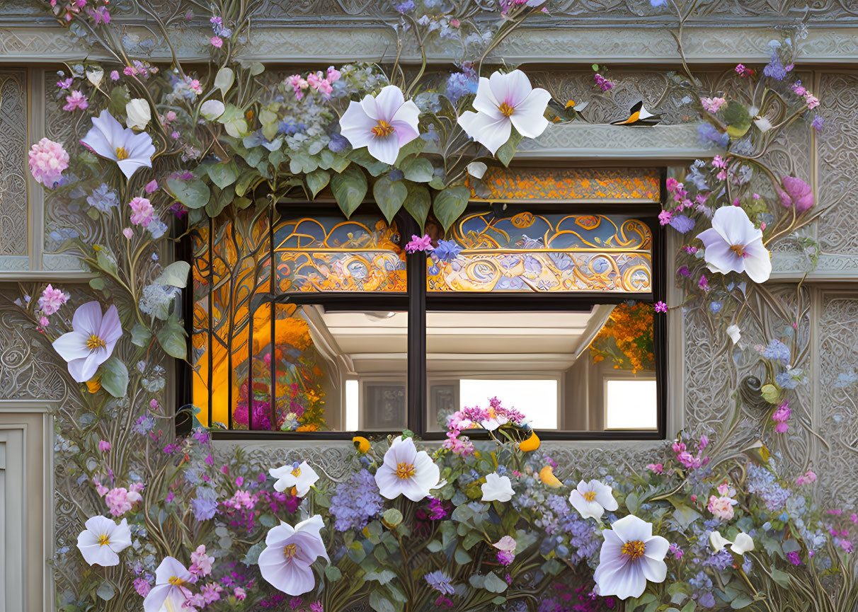 Decorative floral stained glass window with colorful flowers and warm interior light